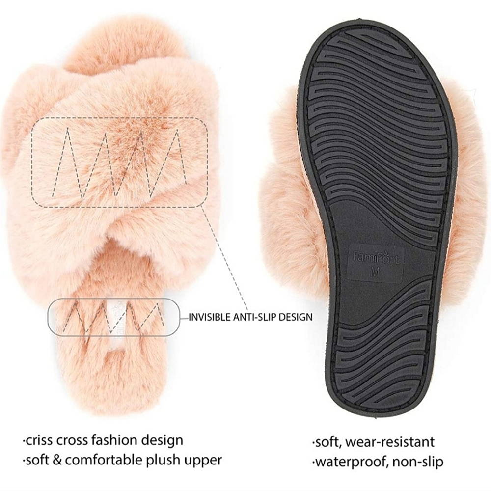Tan/Peachy Fluffy Cross Band Slippers - Picture 3 of 7